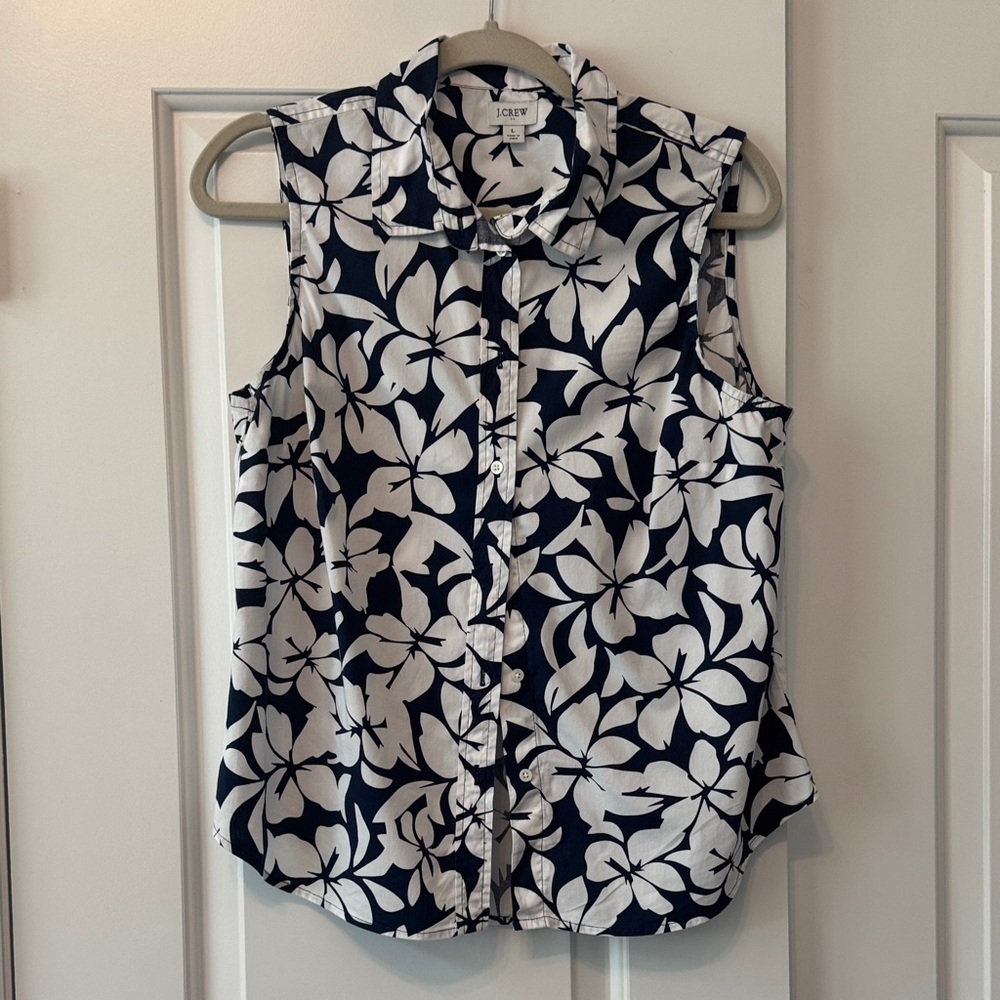 J. Crew Navy and White Floral Button-Up Blouse